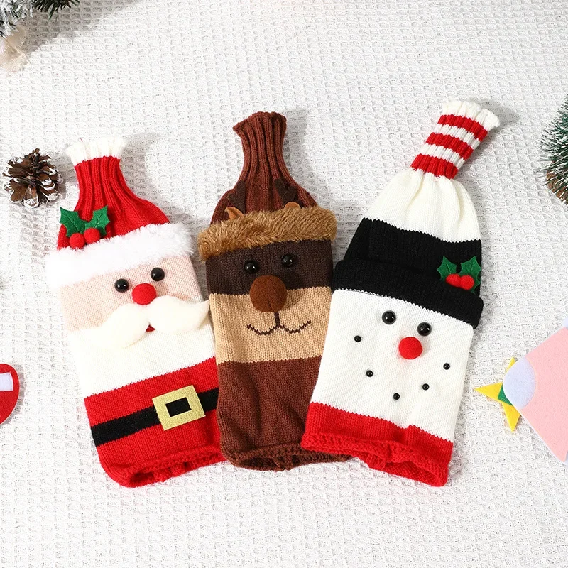 Christmas Santa Knitted Wine Bottle Case Elk Snowman Red Wine Champagne Bottle Cloth 2024 Merry Christmas Decor Happy New Year
