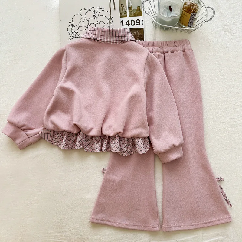 Girls Bow Long Sleeve Sweatshirt & Flare Pants Set – 2-Piece Casual Outfit for Spring, Korean Style Kids Wear