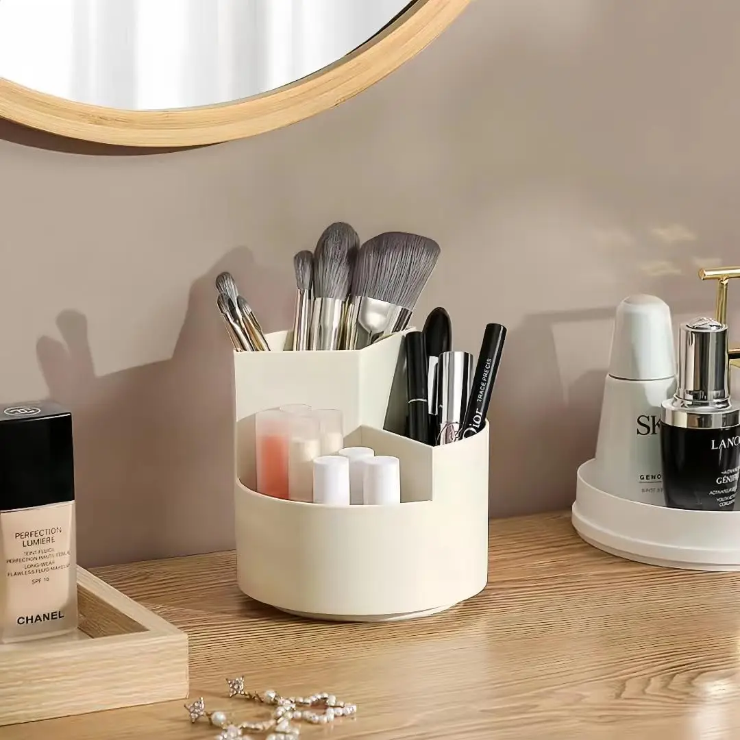 360 Rotating Pencil Pen Holder 3 Slot Makeup/Cosmetics Brushes Storage Organizer Cup for Desk Table Vanity Countertops