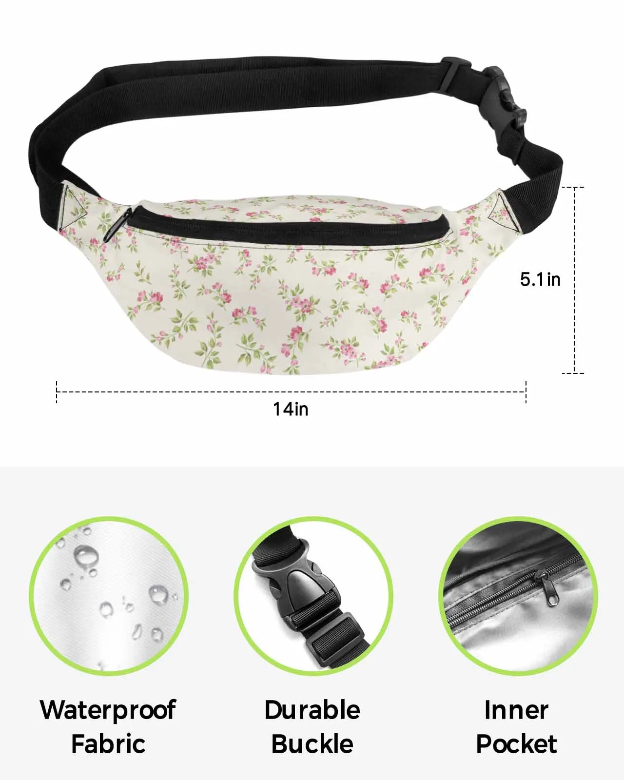 Bolsa de cintura impermeável para homens e mulheres, Retro Fanny Pack, Belt Bag, Bolsa de carteira, Banana Hip Bags, flores rosa