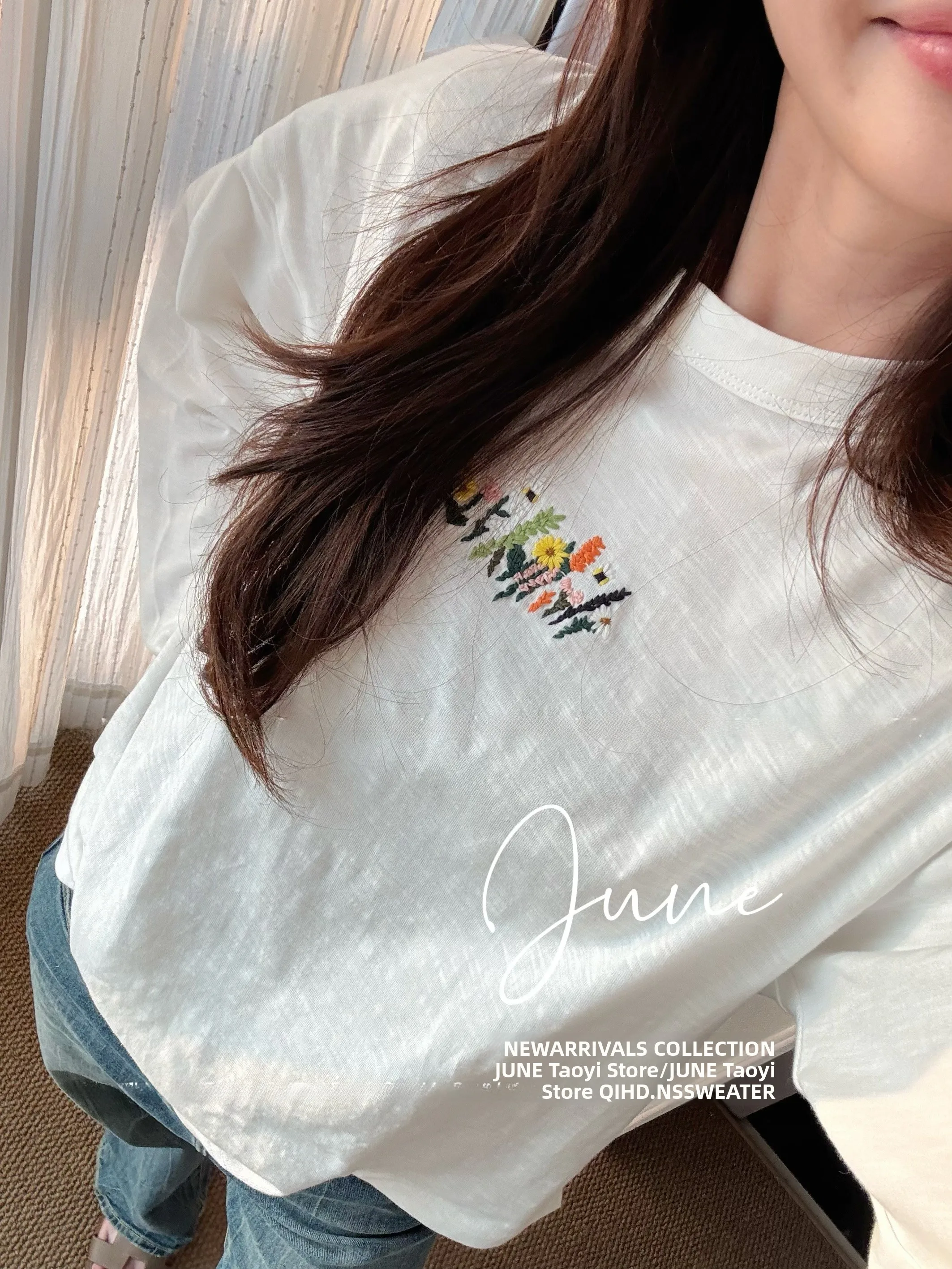 

Embroidered round Ne Cotton Linen Casual Top Women's Spring Summer Agel Floral Print Comfortable Breathable T-irt