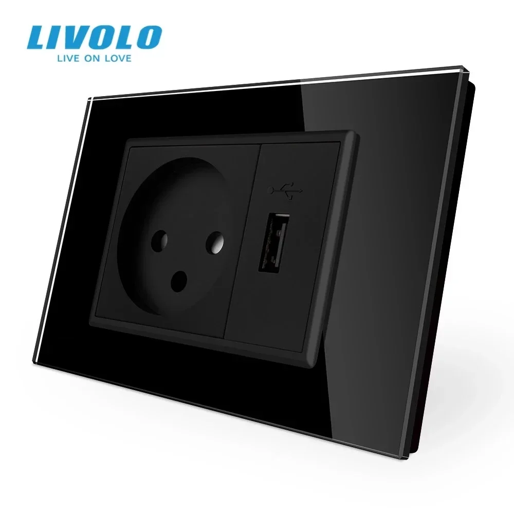 New Livolo Israel Socket with Usb Charger , White/Black Crystal Glass Panel, AC 250V16A Wall Power Outlets , VL-C9C1IL1U-11