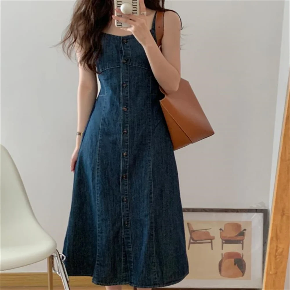 

Denim suspender dress women summer new slim waist long aline casual dreess elegant party Single-breasted