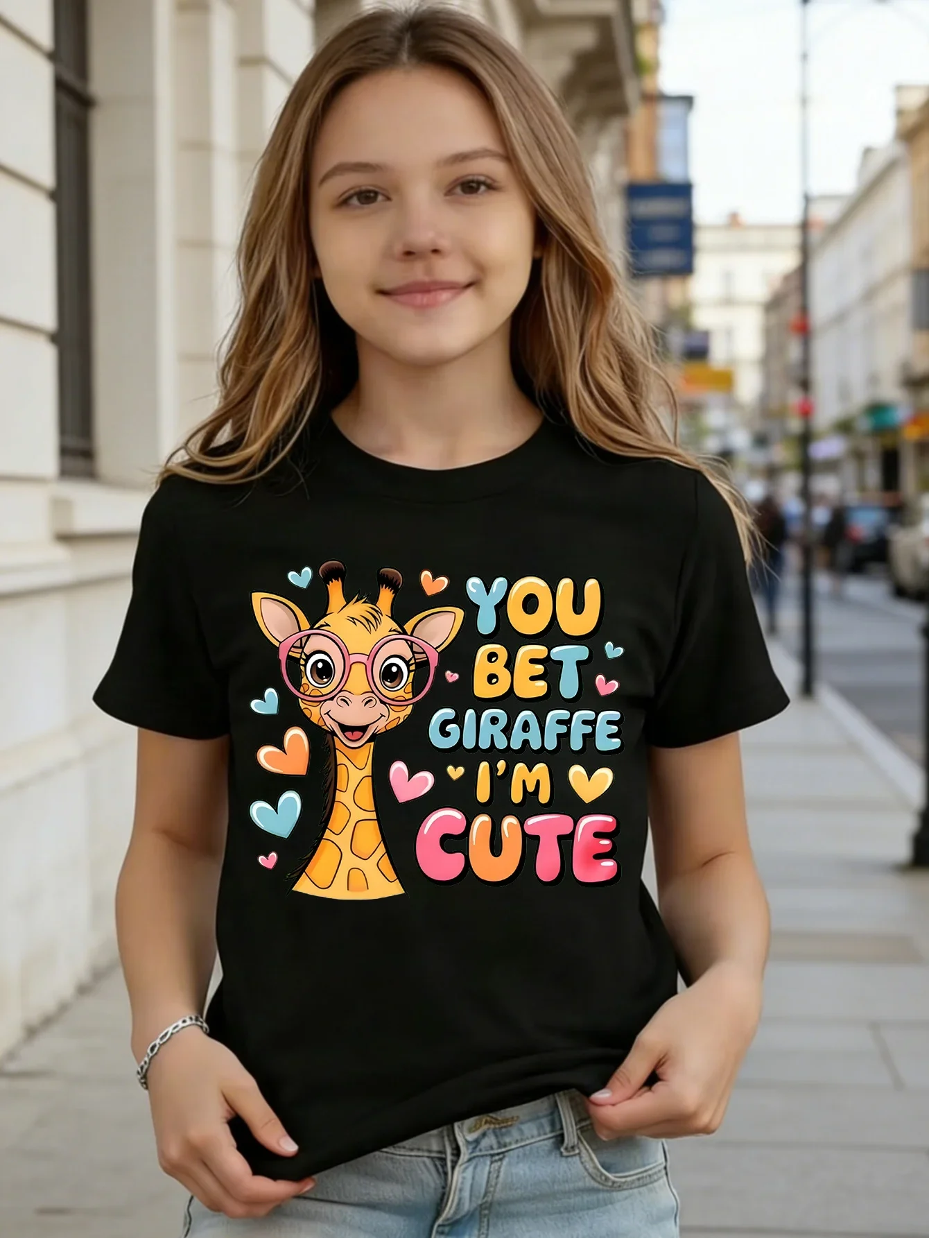 You Bet Giraffe I'm Cute Cartoon Giraffe Graphic Print T Shirt Family Matching Boys Girls Kids Short Sleeve Daily Tees