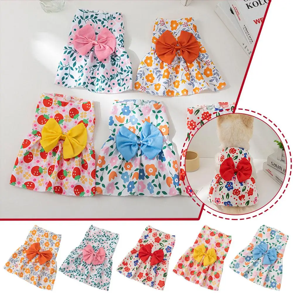 Vestido estampado com flores para cachorro, vestido de princesa bowknot, roupa confortável para cachorrinhos, respirável e amigável para a pele, doce e fofo, verão, K1z9