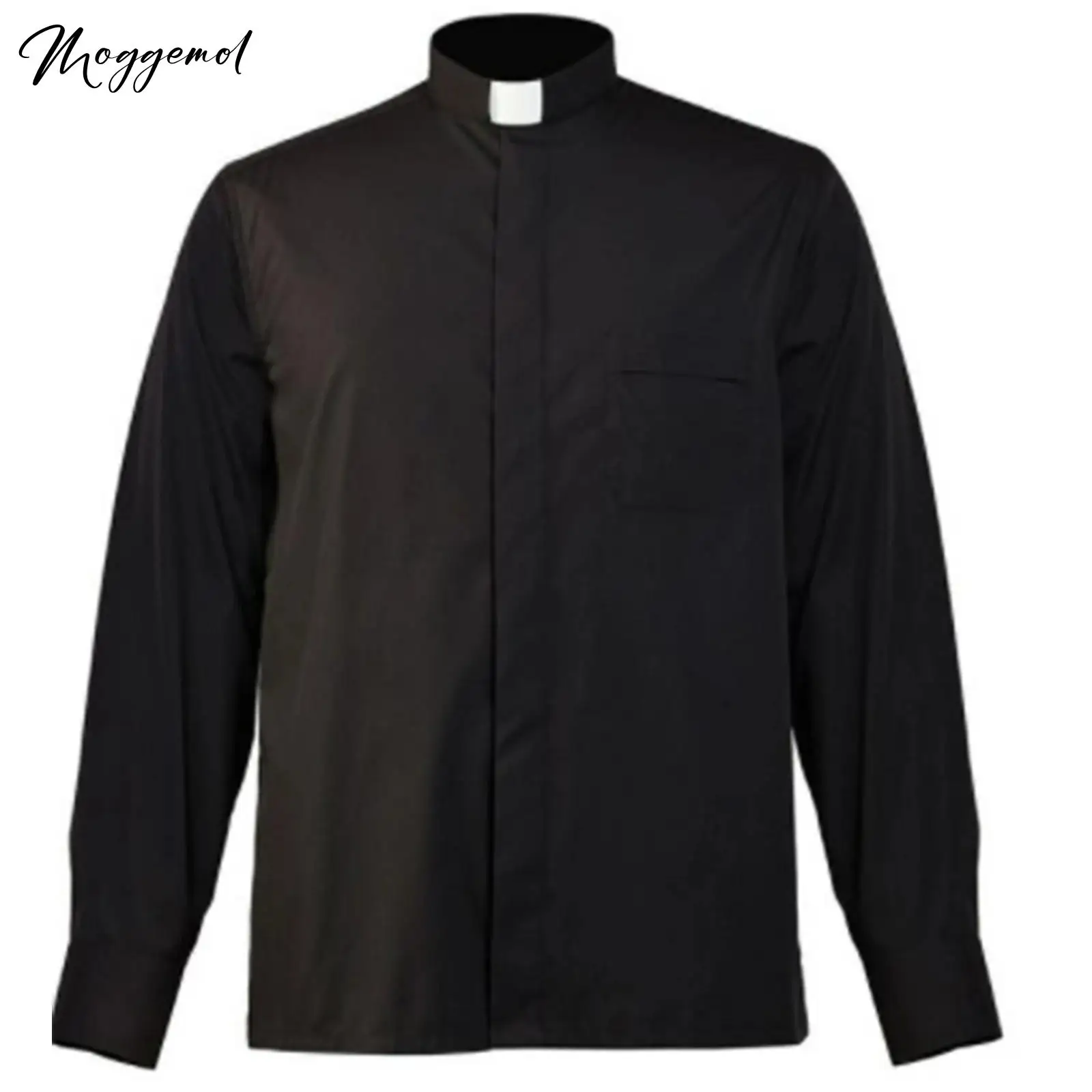 Camisa negra de clero de sacerdote bendito de Halloween para hombre, disfraces de manga larga con cuello levantado, camiseta con etiqueta de contraste, Top para Cosplay de Preacher