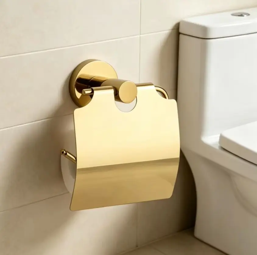 Gold-colored roll paper holder, bathroom stainless steel toilet paper holder, toilet tissue holder with cover plate - punch inst