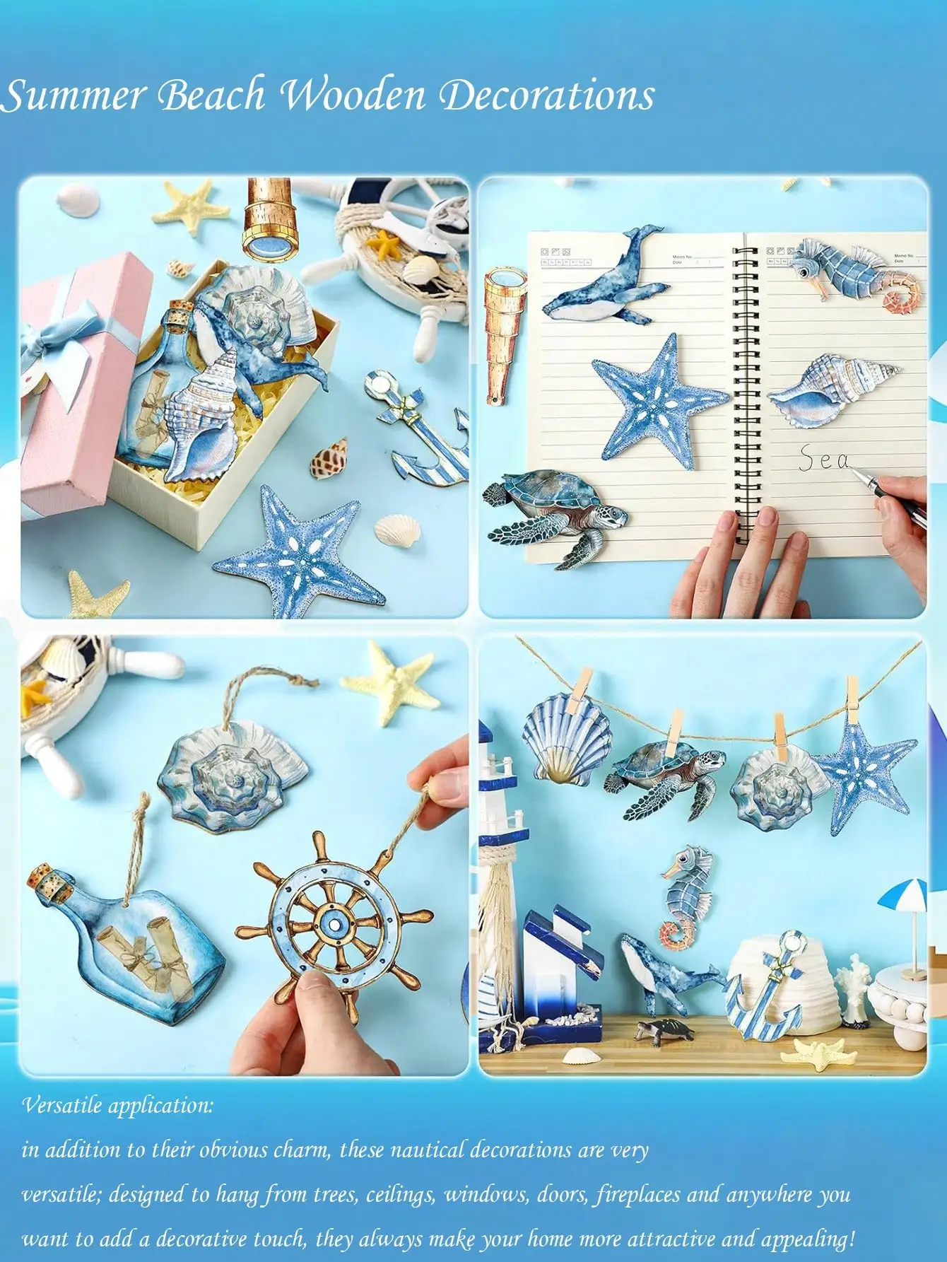 12pcs- Summer beach wooden decorations, blue ocean, tree decorations, nautical coastal theme hanging ornaments, anchors, turtle