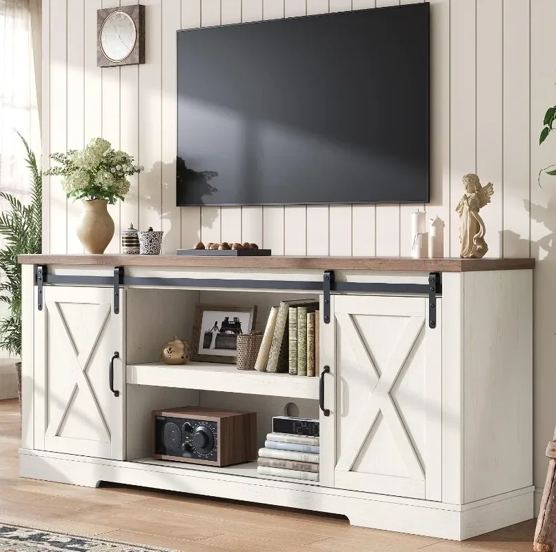 AMERLIFE 66” TV Stand for 65 Inch TV, Farmhouse Entertainment Center with Storage Cabinets and Adjustable Shelf & Feet