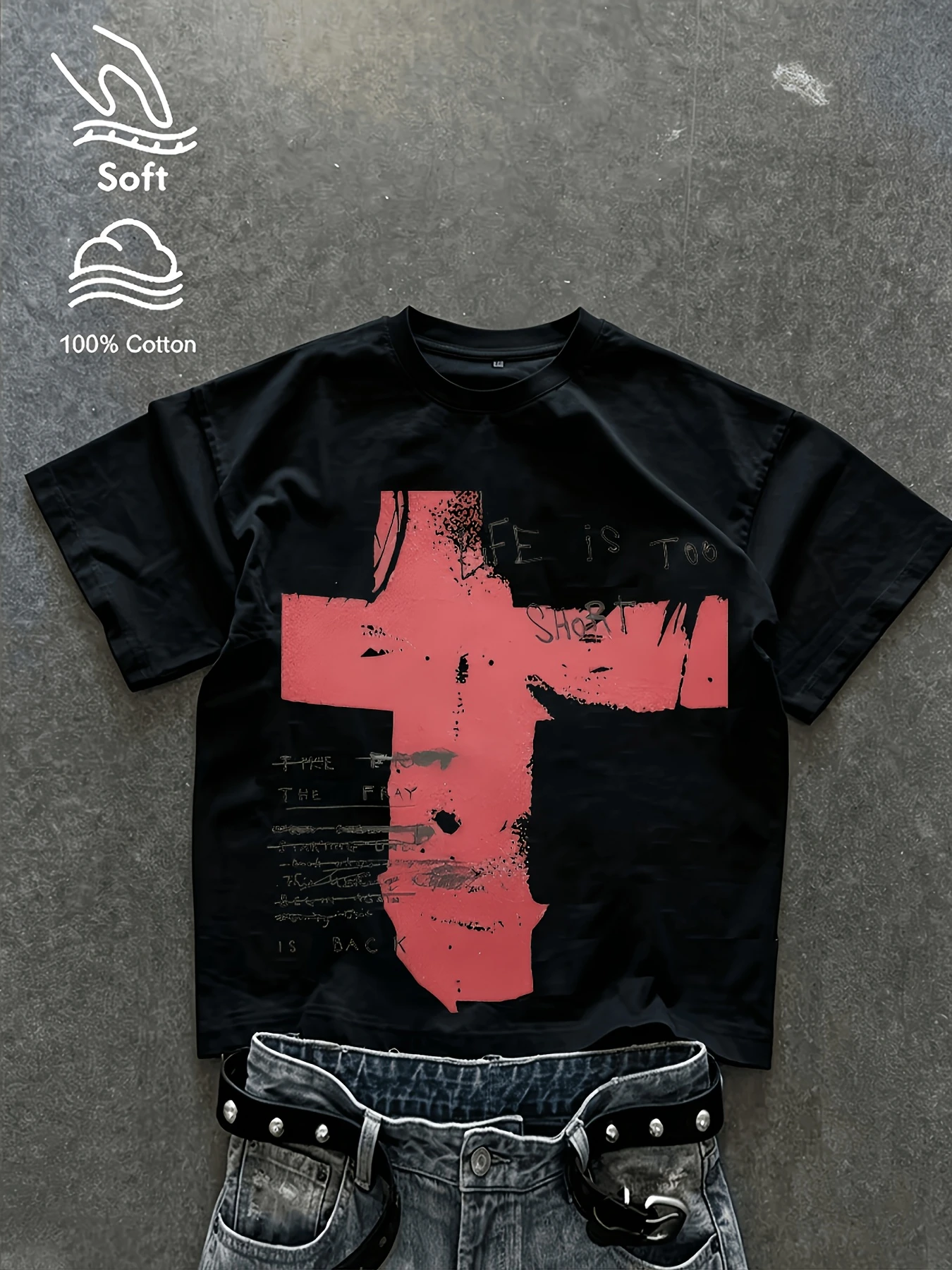 Neck Cropped Short Sleeve T-Shirt, Distressed Red Cross Handwritten Text Slogan Front Print Retro Alt Loose Fit Cropped Top