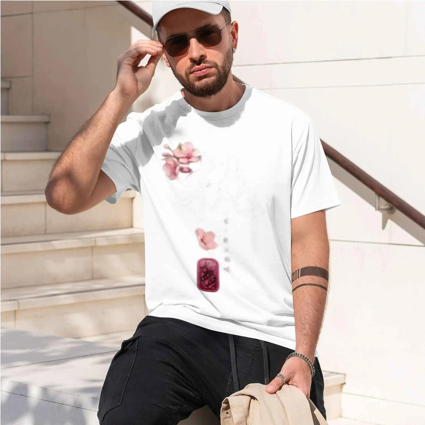 new printed T-shirt printed with  Men'sStyle Peach Blossom Calligraphy Print T-Shirt Casual Loose Breathable Daily Top