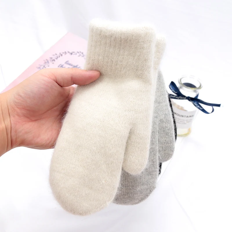 Dames Winter Warm houden Plus Kasjmier Effen Kleur Wollen Elasticiteit Zachte volledige vingers Wanten Meisjes Zwart bont Gebreide schattige handschoenen