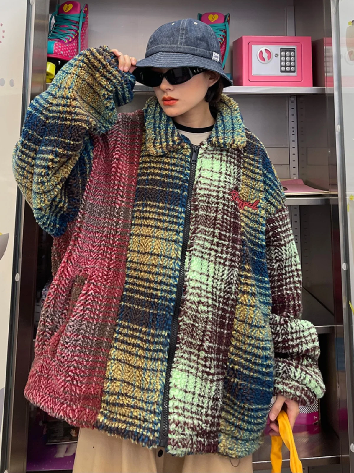 Colorful gradient plaid lamb wool cotton Coats for women 2023 winter new loose bf trendy brand thickening JACKETS