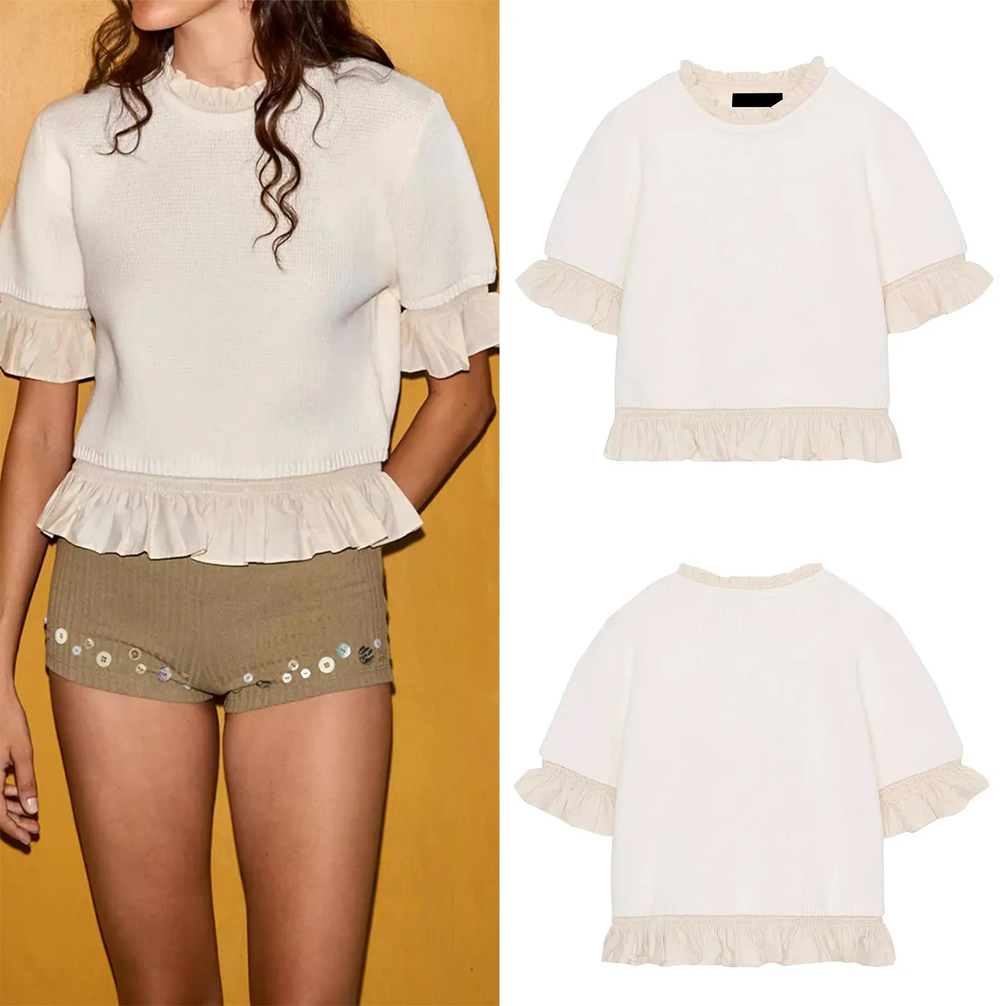 

Модный вязаный топ женский с круглым вырезом, коротким рукавом, оборками и цветочным узором, весна 2026, повседневный стиль, средней мягкости