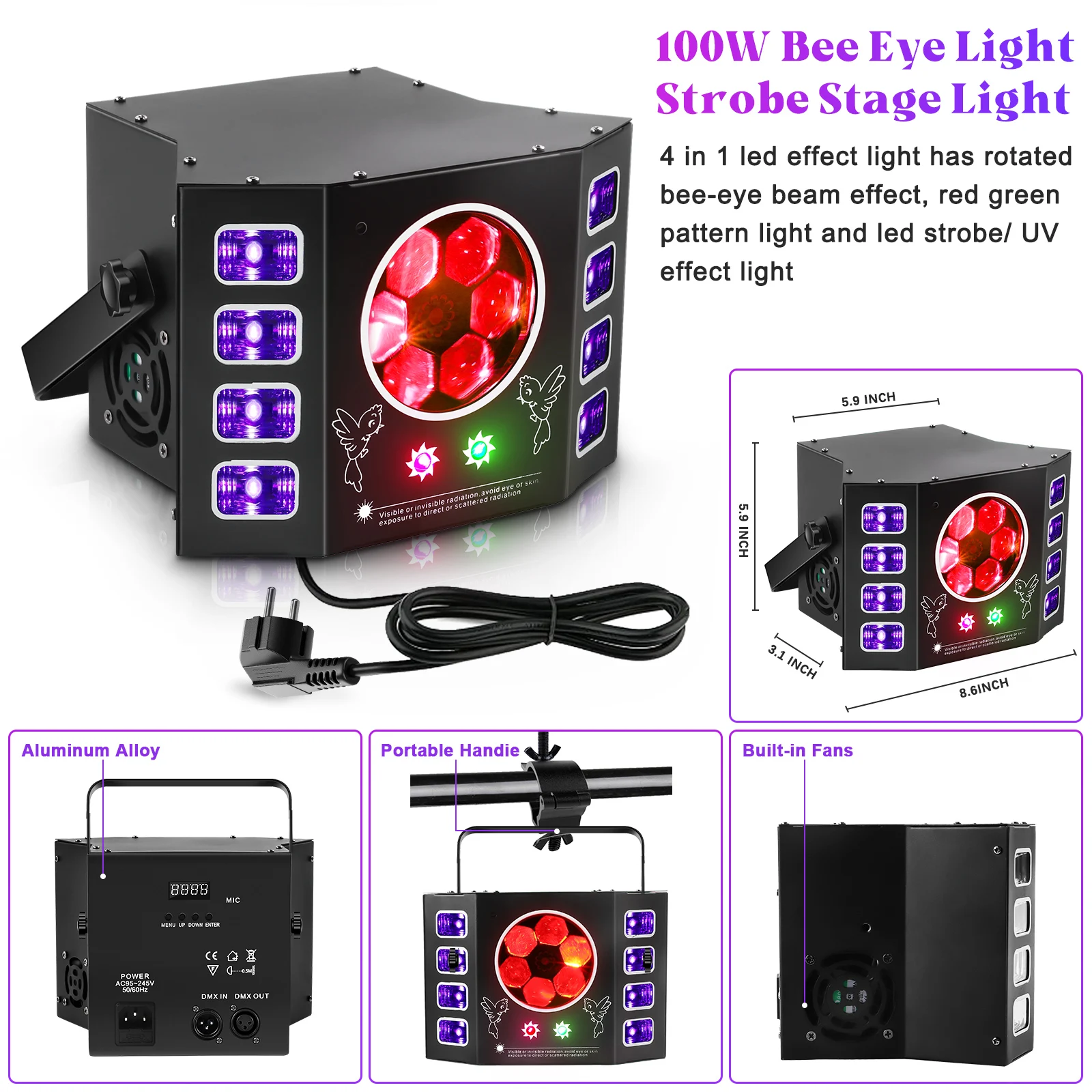 Yiflamefly 100W UV Bee Eye Dj Lights Strobe Stage Light  With Remote Control DMX512 Sound Activated Rave Light For Disco Party