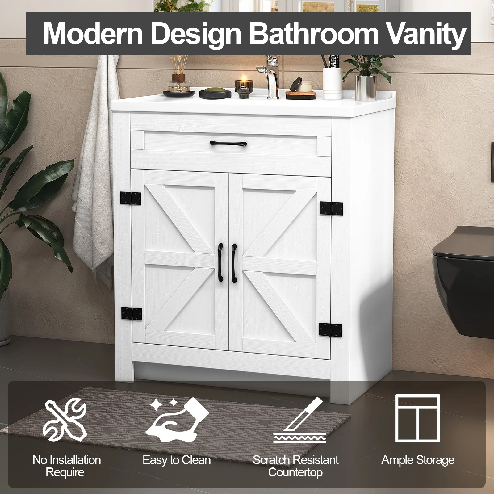 Vanité de salle de bain de 31 pouces avec lavabo simple en céramique, meuble de salle de bain en bois autoportant, nouveau