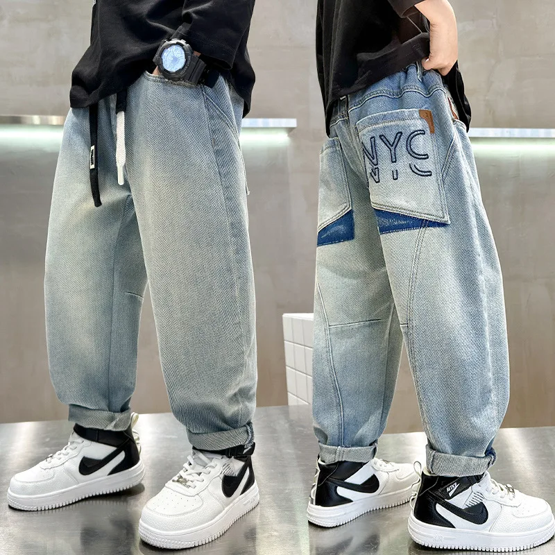 Teen Boys Jeans Spring Fall Children\'s Trousers Loose Fashion Cartoon Ripped Hole Toddler Korean Kids Casual Denim Pants 5-14 Y