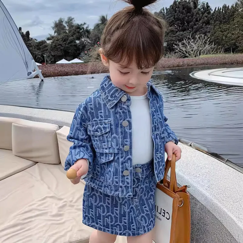 

Children's Set Spring and Autumn Girls' Denim Long Sleeve Cardigan Top+Two-piece Short Skirt Set Wholesale