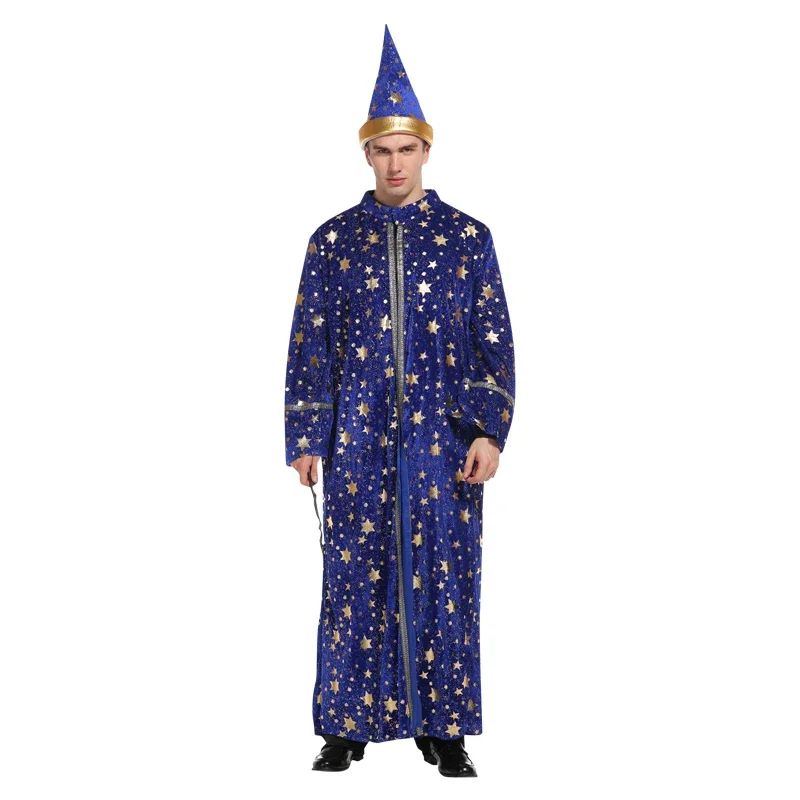 Halloween Blaue Robe und Hut Sterne Mond Magie Zauberer Zauberer Kostüm Cosplay Erwachsene Männer Bühne Leistung Party Kleidung