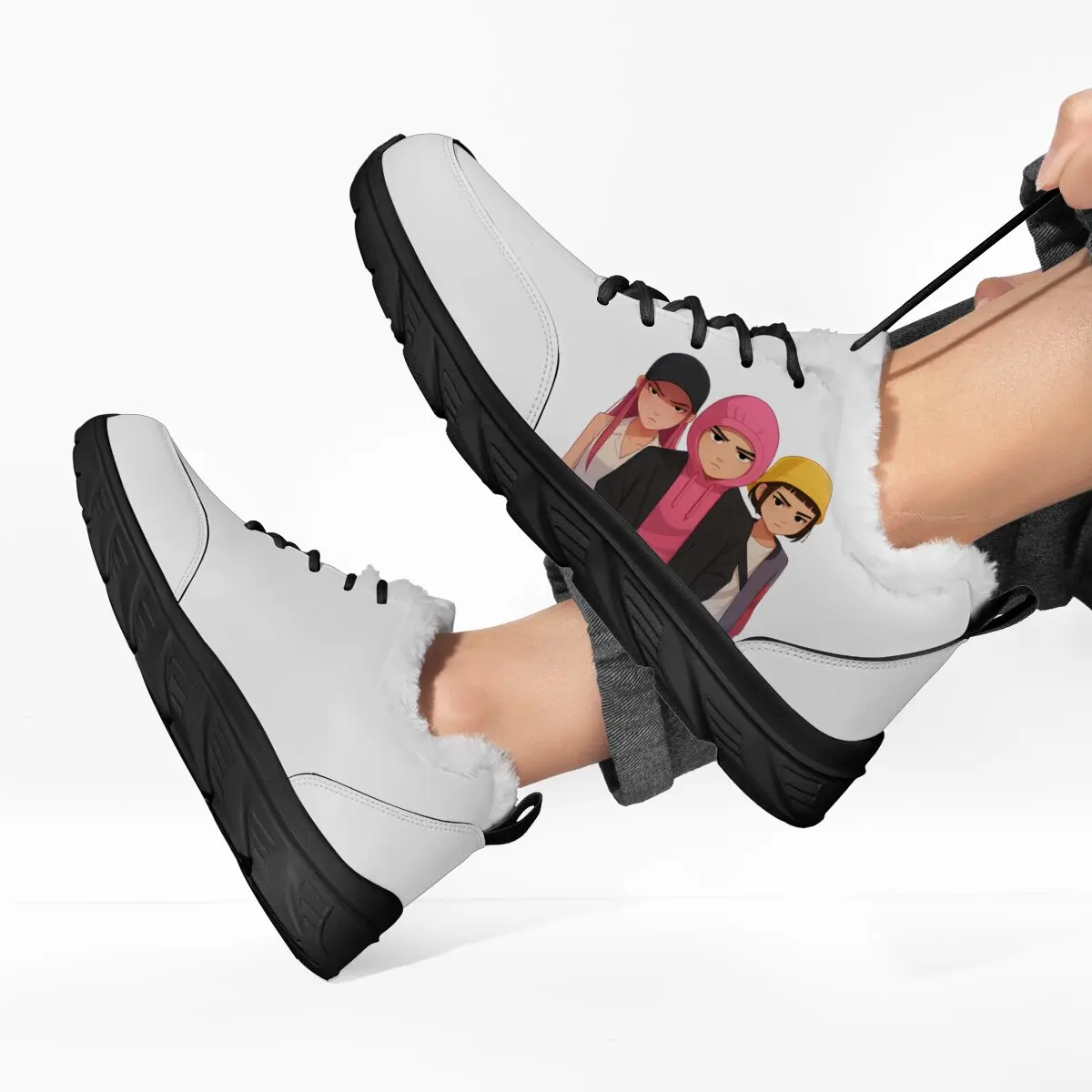 2025 حذاء رجالي شتوي مبطن بالفرو أحذية رياضية مع طباعة أنيمي مقاوم للماء المشي أحذية رياضية الترفيه الذكور أحذية رياضية جلدية