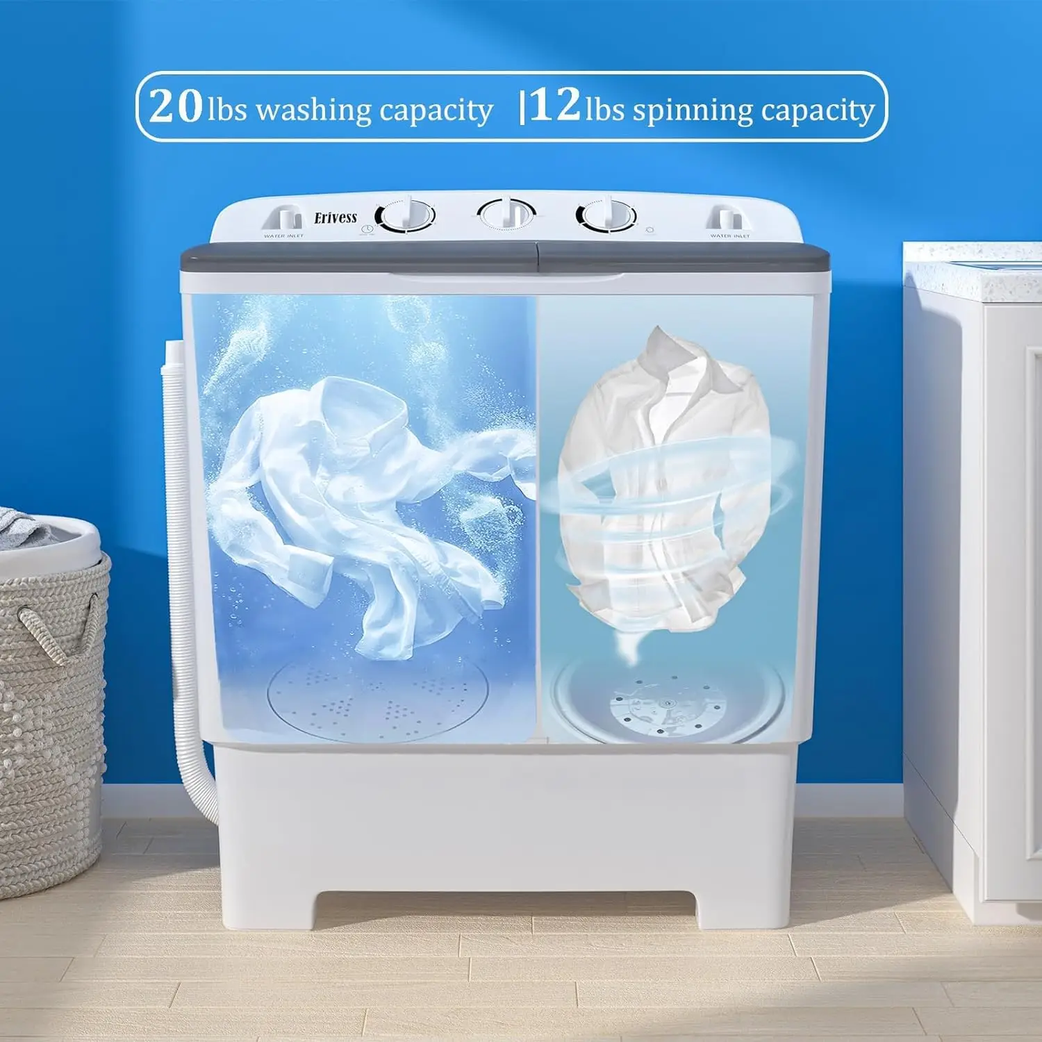 32 lbs Washing Machine with Drying Rack& 10 Hangers, 20 lbs Washer Mini Compact Laundry Machine and 12 lbs Spinner, Convenient a