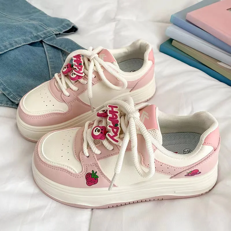

Туфли на толстой подошве с клубничным принтом для милых женщин, туфли в стиле Лолиты для девочек, оригинальный дизайн, туфли с круглым носком, белые туфли