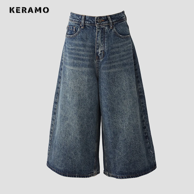 American Retro High Waist Calf-Length Pants Women Casual Baggy Pocket Y2K Pants Wide Leg Grunge Streetwear Solid Denim Trouser