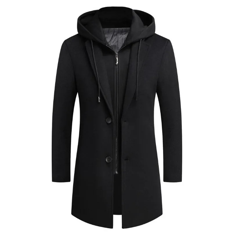 

Autumn Winter Men's Hooded Wool Jacket Autumn Mens Long Windproof Wool Coat Casual Thick Slim Jacket Male