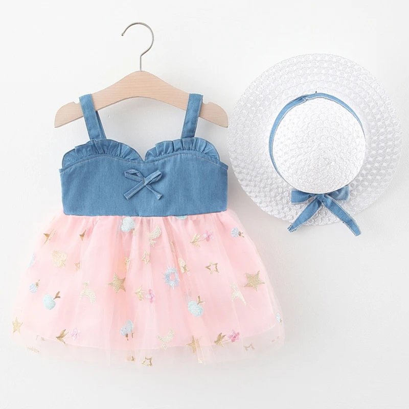 

babzapleume Summer Baby Girls Dresses Denim Mesh Pacthwork Sleeveless Cute Princess Lace Pink Dress+Sunhat Newborn Clothes 001