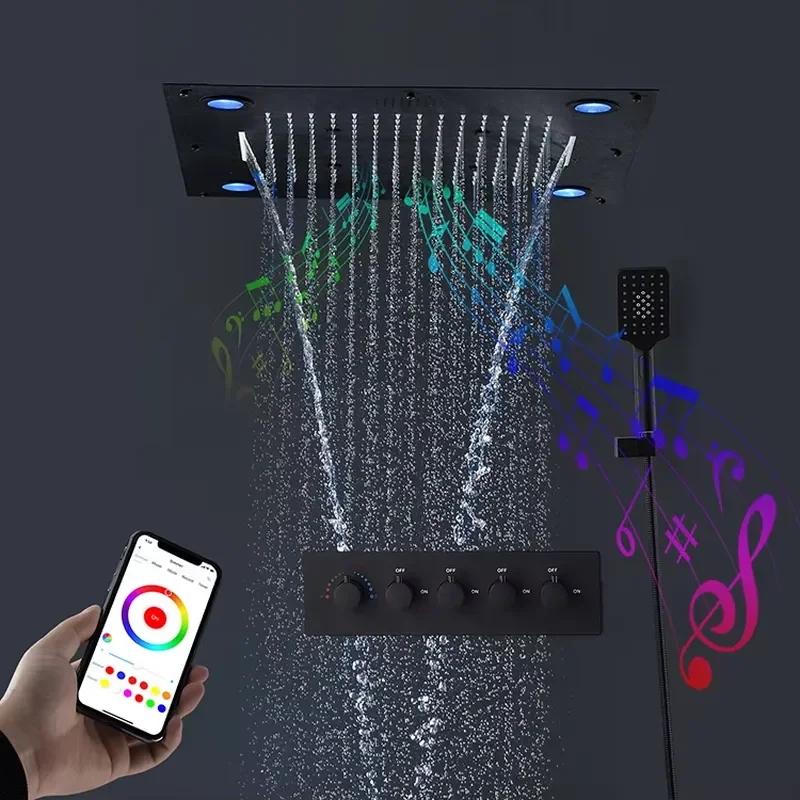 2026 Bathroom Shower Faucets Accessories Matt Black square Music Rainfall Shower Set view 3