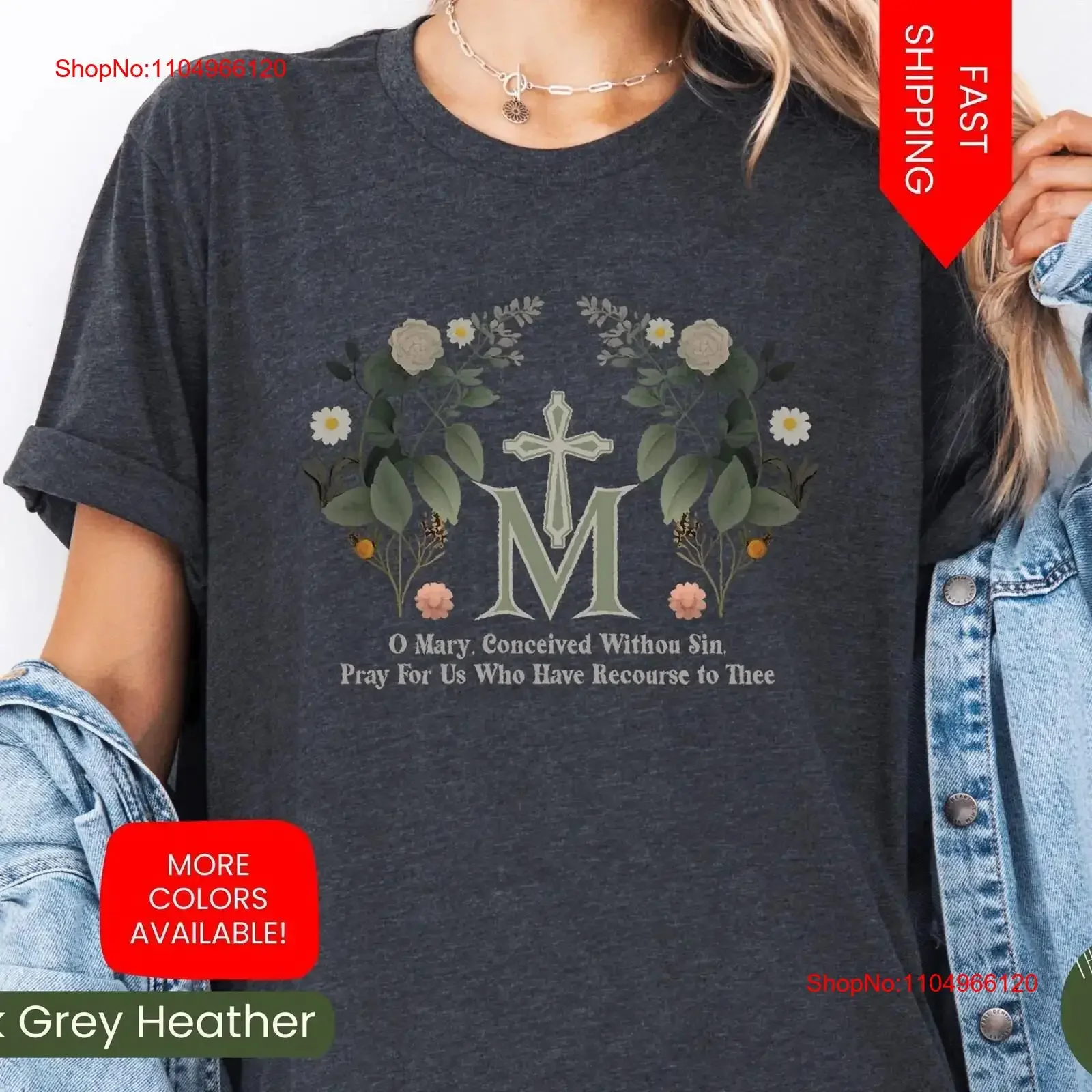 Camiseta católica de Marian Virgen María para mujer Cruz Floral Religiosa vintage Ropa de diseñador lavada Cómoda Transpirable