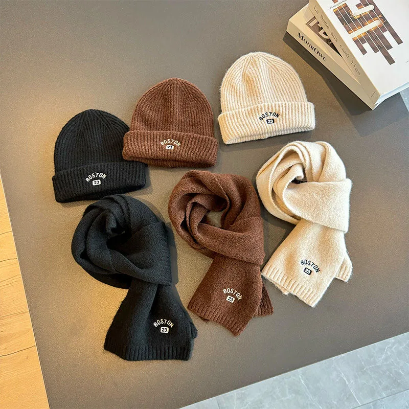 Children's winter hat scarf two-piece baby simple versatile knitted cap temperament boys set head cap handsome tide