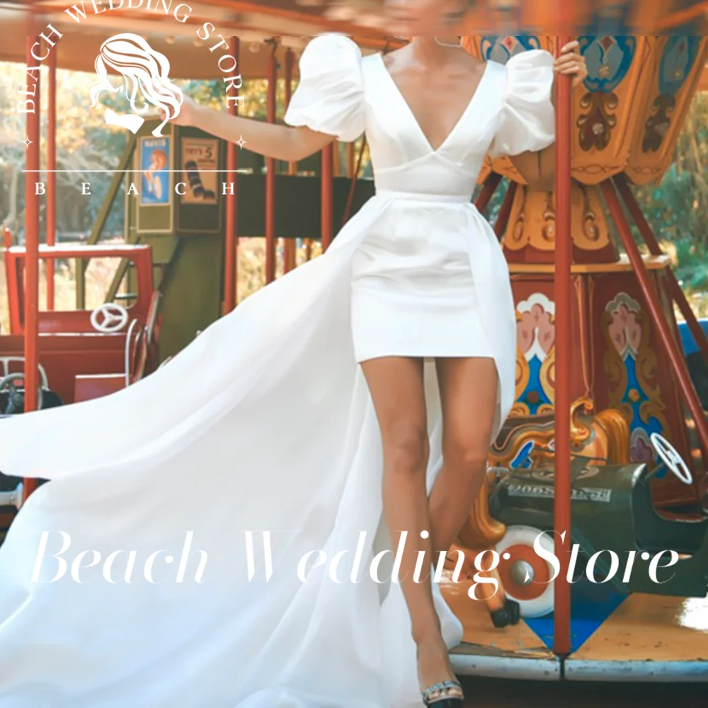 Beach Customized Deep V Neck Puff Sleeve Short Wedding Dresses Satin Backless Mini Mermaid Bride Dress Detachable Train Sexy