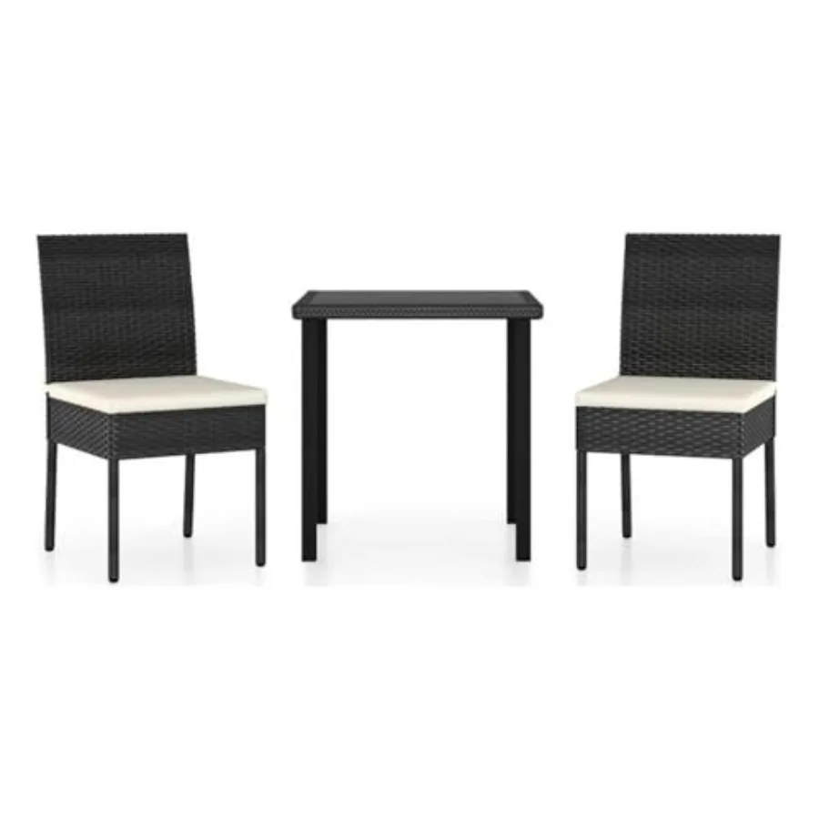 

Contemporary Synthetic Poly Rattan Dining Set, Black Rattan Finish with Cream Cushions, 3-Piece Set, Weather-Resistant, Compact