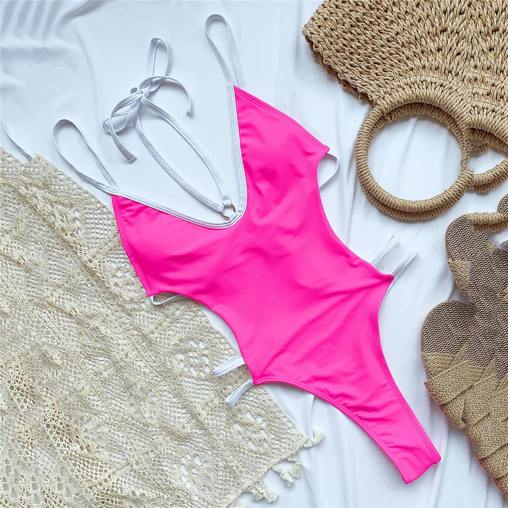Rose Red Backless String Lace-up Swimwears Woman One Piece Swimsuit 2026 Hollow Out Monokini Micro Bathing Swimming Suit Bather