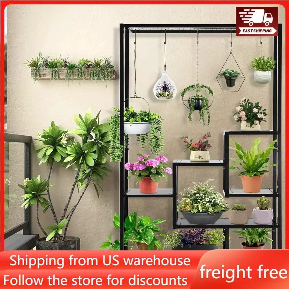 

5 Tier Metal Plant Stand 70.9inch Tall with 6 Pcs Hanging Hooks, Flower Bonsai Pots Display Rack for Living Room Balcony Patio