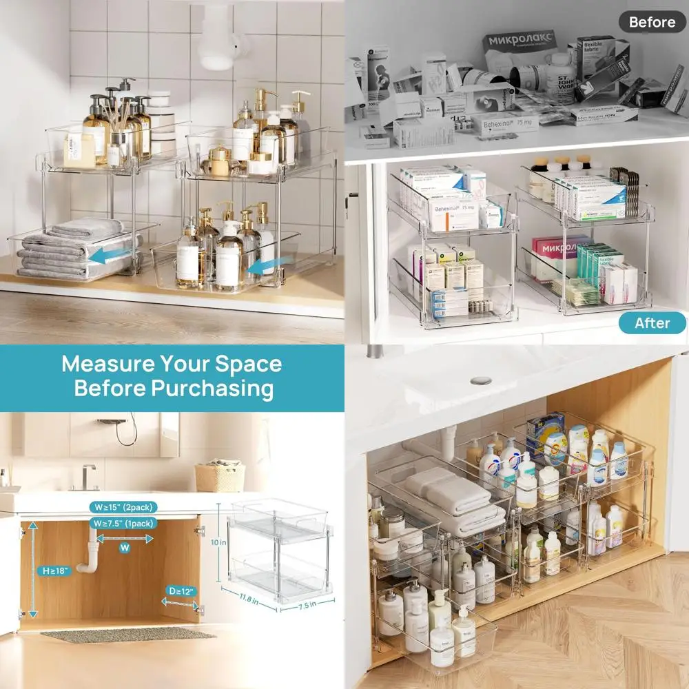 

2-Tier Clear Bathroom Organizer with Pull-Out Track for Efficient Vanity and Under-Sink Storage