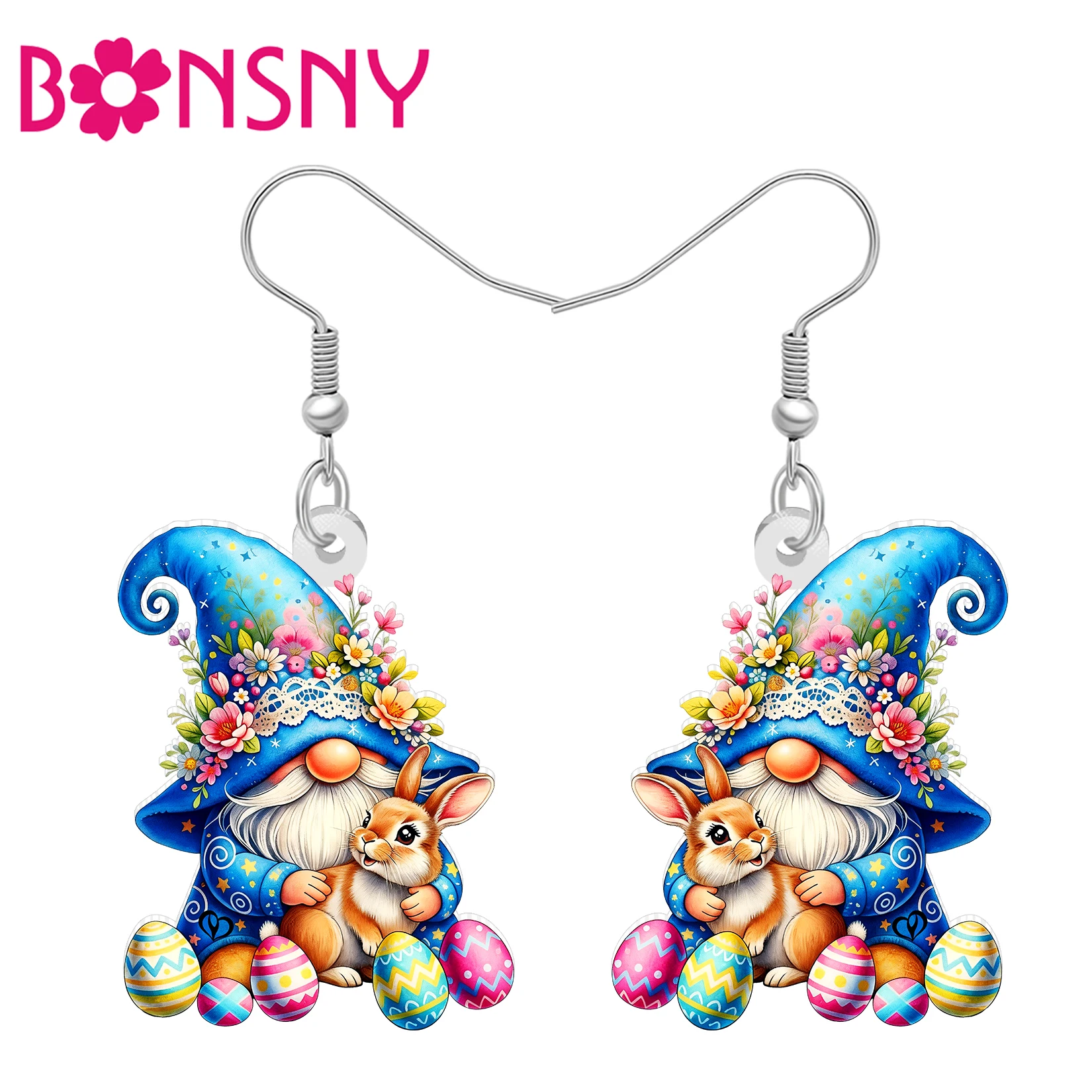 BONSNY Acrylic Easter Eggs Bunny Gnomes Drop Earrings Cute Rabbit Garden Dwarf Jewelry Spring Gnome Gifts For Women Hare Lovers