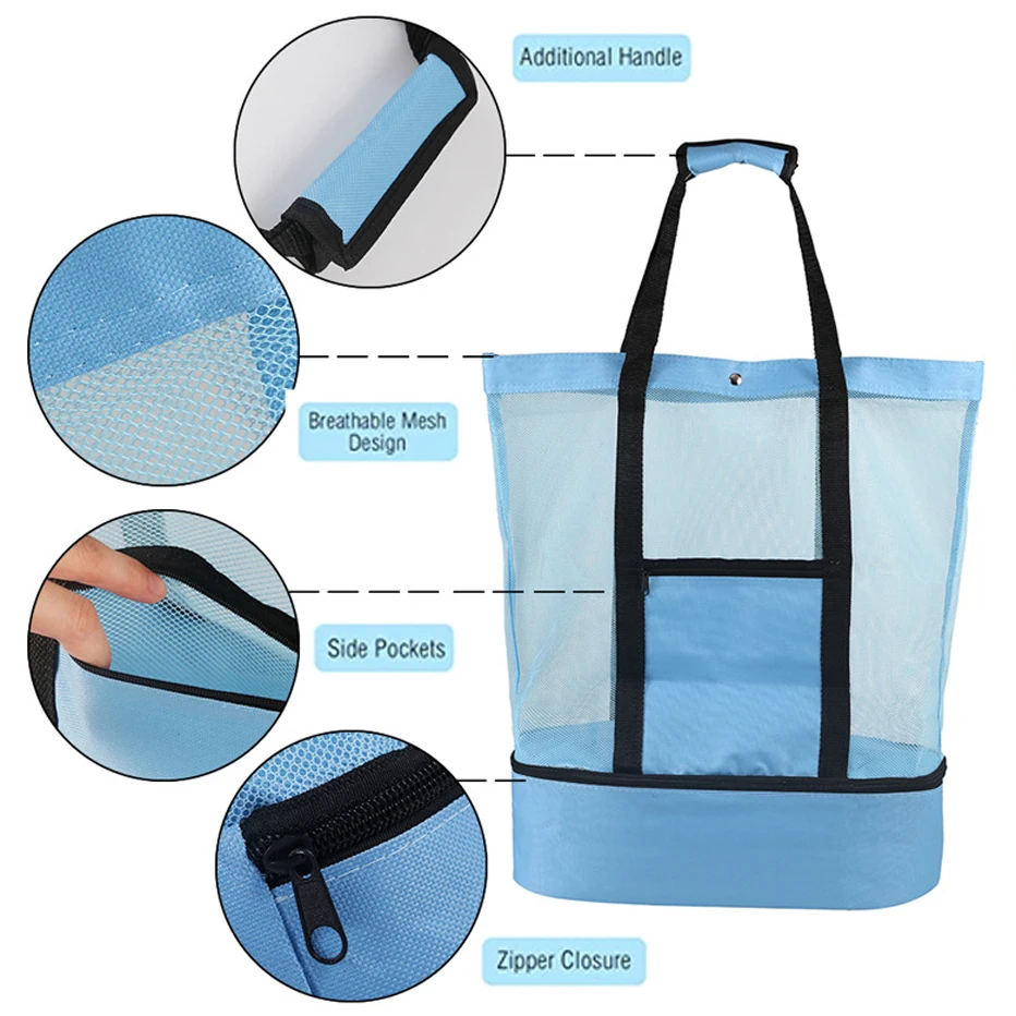 Large Mesh Beach Cooler Bag Outdoor Camping Picnic Bag Storage Bag Drink Food Cooler Tote Bag Thermal Insulation Lunch Box