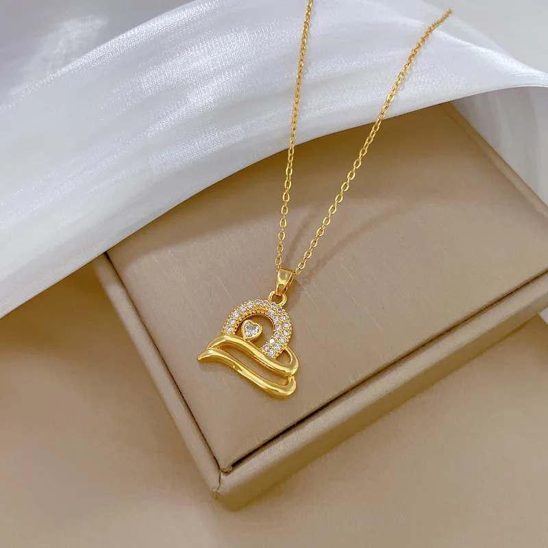 LUCKY99 Trendy High Quality Cubic Zirconia Clouds Rainbow Heart Pendant Necklaces For Women Elegant Gold Color Necklace Choker