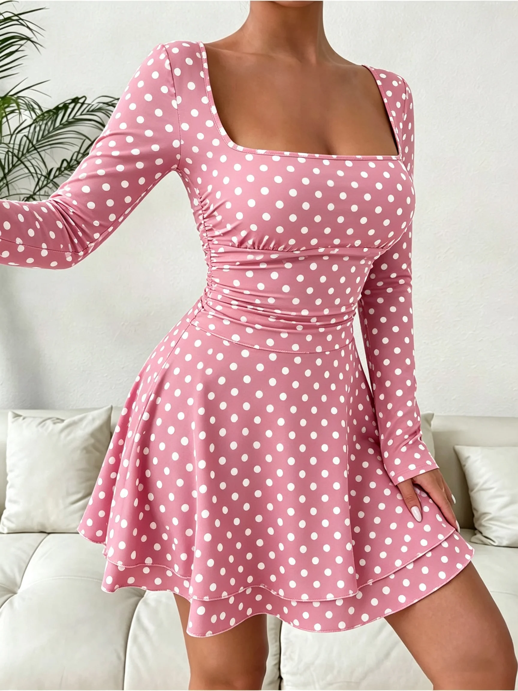 Herbstliches Polka-Dot-Print-Kleid mit quadratischem Ausschnitt, langen Ärmeln, tailliertem Schnitt, A-Linie, Minirocklänge, sexy und modisch. – Detail 7