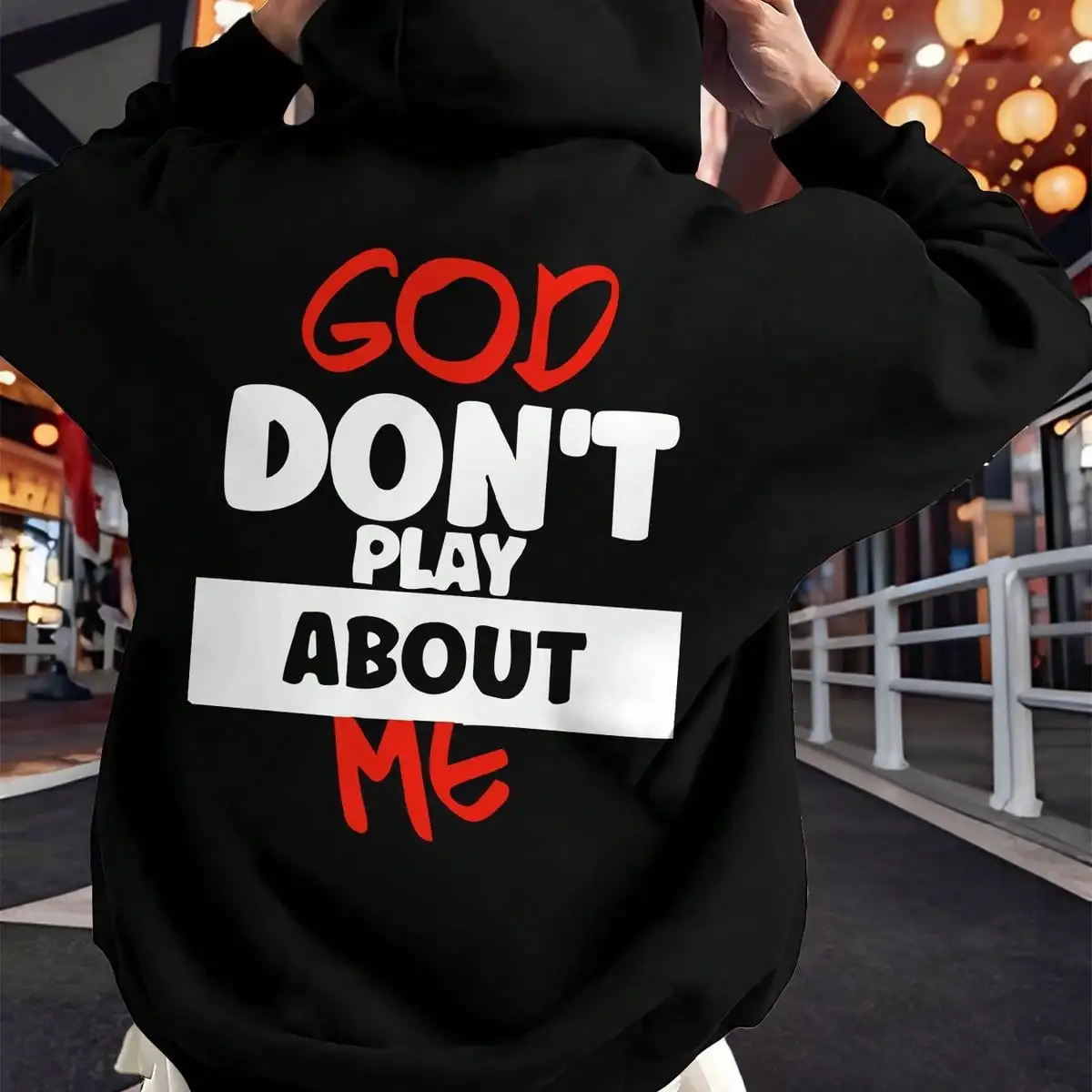 Men Back Print Hoodie, God Don't Play About Me Slogan Text Graphic Hooded Sweatshirt, Faith Street Casual Loose Pullover Hoodie