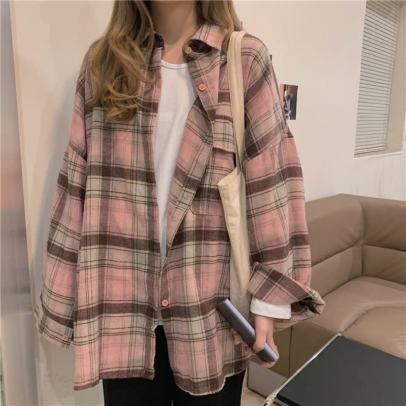 Retro Oversize Plaid Shirt Women Spring Fall Korean Fashion Long Sleeve Blouse Female Y2k Causal Loose All Match Tops Mujer New