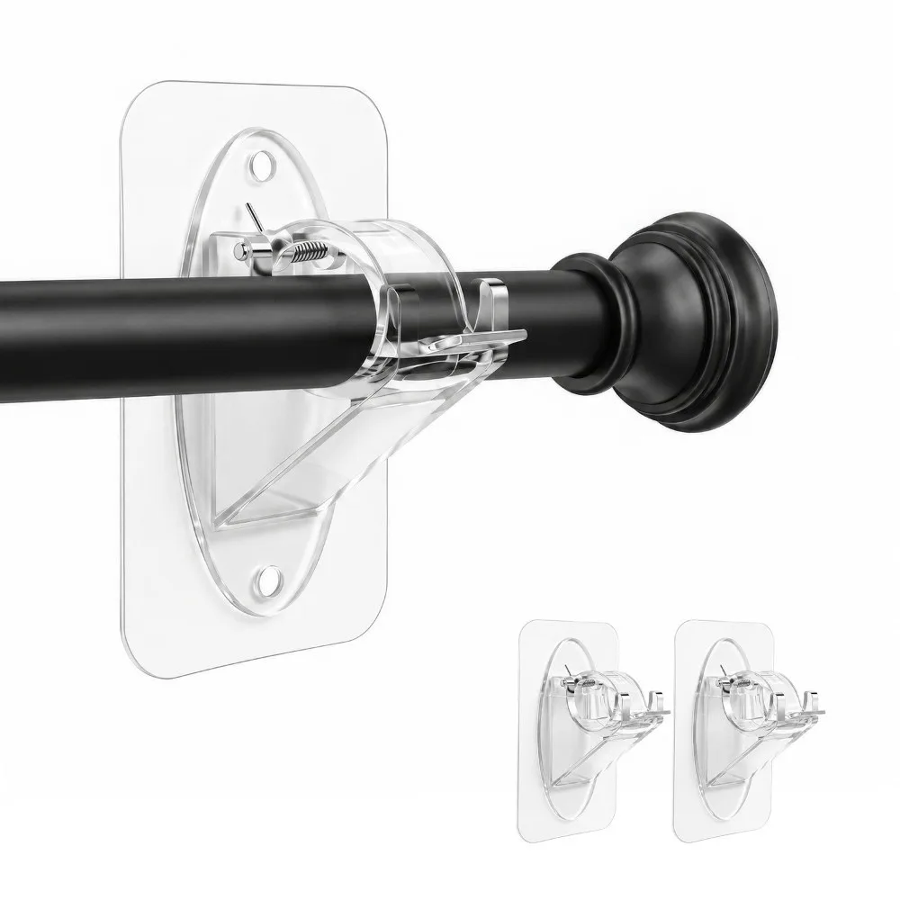 2pcs/set No Drill Curtain Rod Brackets Adhesive & Screw Dual Use Heavy Duty Adhesive Curtain Holders Curtain Support Hooks