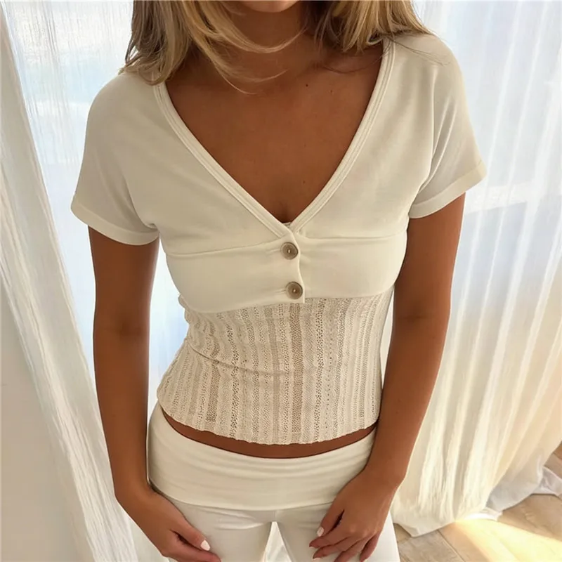 Women V Neck Button Front Short Sleeve Slim Fit Mini Coquette Tee Top Summer Going Out Cropped Cardigant Tops Y2K Streetwear
