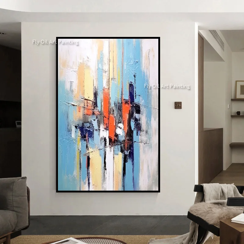 Original Hand Painted Blue Orange Textured Art, Vertical Relief Canvas, Contemporary Home Wall Art