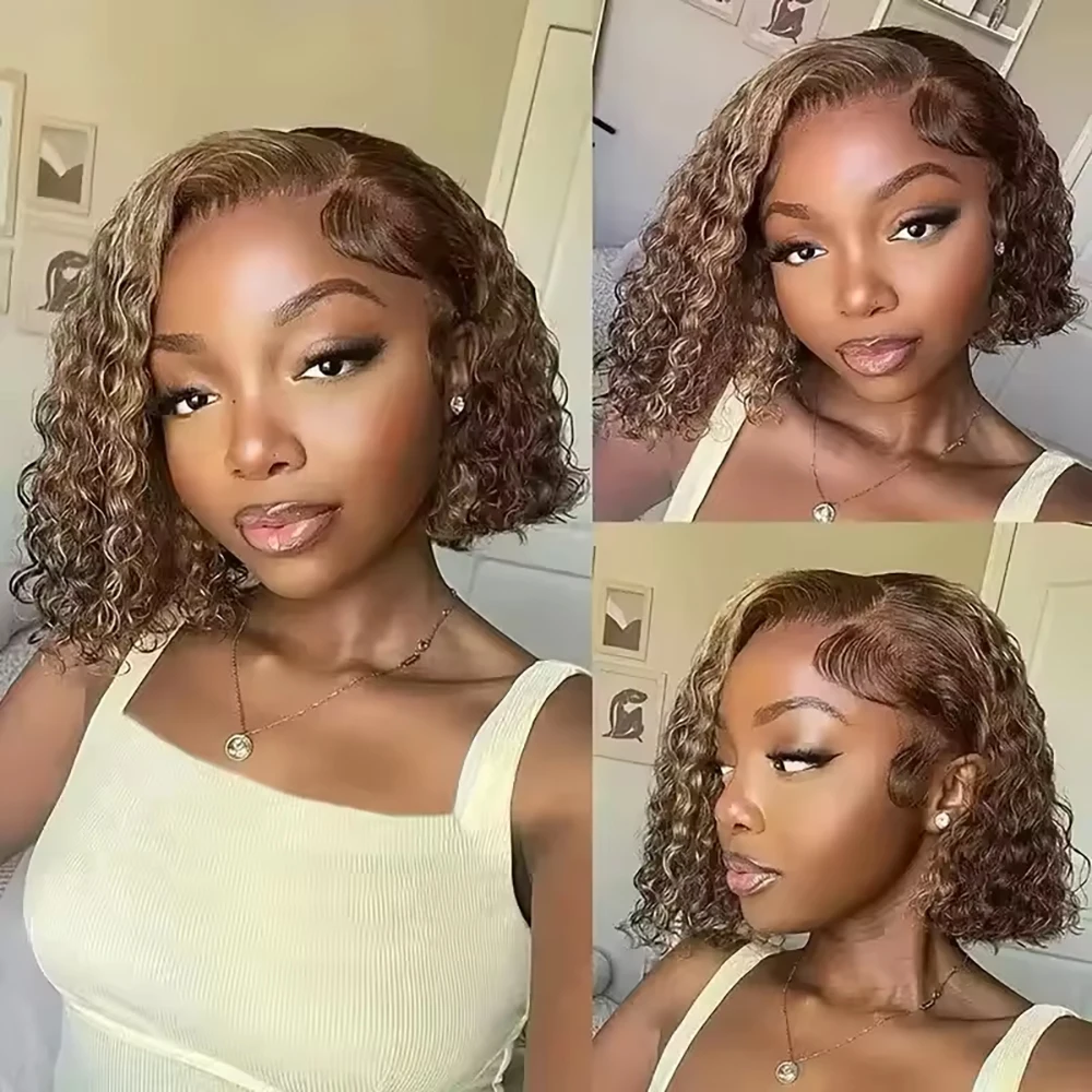 Peluca Bob con ondas de agua 13x4 P4/27 resaltado 13x4 peluca Frontal de encaje transparente 100% peluca de cabello humano brasileño 150 de densidad para mujeres