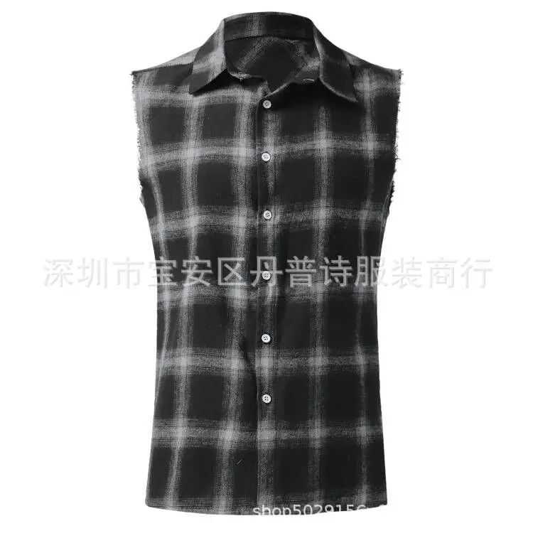 New Men's Plaid Shirt Sleeveless Lapel Fashion Button Cardigan Top Street Personality Trend Versatile Blouses