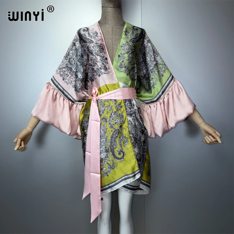 

WINYI 2026 Kimono with belt Evening dress Beach Wear Cover up Africa women loose puff(ed) sleeves Cardigan boho Holiday kaftan