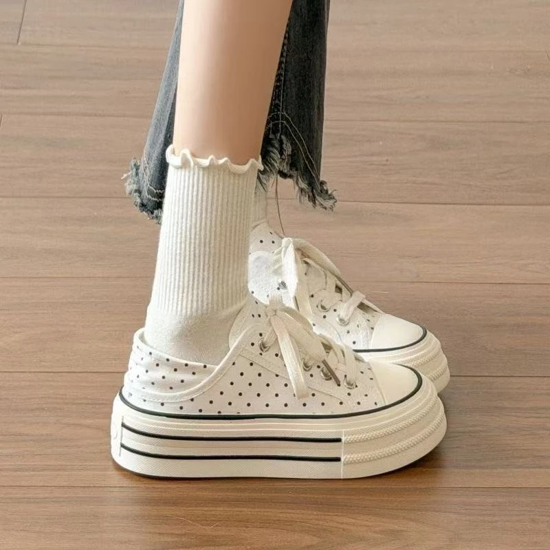 Women’s Polka Dot Canvas Platform Sneakers Thick Chunky Sole Casual Fashion Skate Shoes Black White Comfortable Streetwear